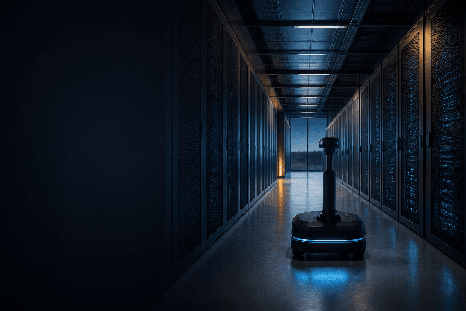Autonomous inspection robot moving through a modern data center aisle